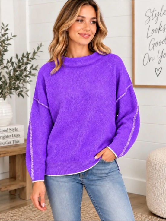Sweaters - Zenana Purple Exposed Seem Cozy Knit Sweater